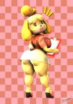 2024 3d_(artwork) absurd_res animal_crossing anthro bottomwear canid canine canis checkered checkered_background clothing digital_media_(artwork) domestic_dog female hi_res imdajasperbaby isabelle_(animal_crossing) looking_at_viewer looking_back looking_back_at_viewer mammal muscular muscular_thighs nintendo pattern_background simple_background skirt solo surprised_expression tagme white_bottomwear white_clothing white_skirt