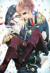  2boys aiguillette alternate_costume ankle_belt arm_around_neck arms_up belt black-framed_eyewear black_jacket black_pants blue_belt blue_eyes blue_hair boots brown_hair carrying carrying_person closed_eyes collared_shirt confetti couple epaulettes eyepatch fushimi_saruhiko glasses gloves hand_on_another&#039;s_face hat jacket k-project layered_clothes long_sleeves looking_at_another male_focus military_hat military_uniform multiple_boys necktie one_eye_covered open_mouth pants red_footwear red_necktie red_pants sakurai_(saku1460) shirt sleeve_cuffs teeth tongue uniform upper_teeth_only white_background white_gloves white_shirt wing_collar yaoi yata_misaki 