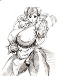  1girl absurdres bonten boots breasts china_dress chinese_clothes chun-li cleavage curvy double_bun dress female highres huge_breasts kung_fu monochrome solo street_fighter thick_thighs thighs wide_hips 