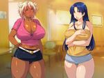  2girls bare_legs belt blue_hair blush breasts chair cleavage cowboy_shot curvy dark_skin earrings embarrassed ganguro hand_on_hip highres hoop_earrings huge_breasts impossible_clothes indoors legs long_hair looking_at_viewer midriff miniskirt mole mole_under_eye multicolored_hair multiple_girls navel open_mouth original panties pantyshot pantyshot_(standing) parted_lips pink_eyes red_eyes short_hair skirt standing thighs underwear yoko_juusuke 