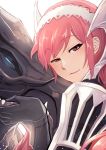  1girl black_gloves dragon fire_emblem fire_emblem:_kakusei from_side gloves highres long_hair looking_to_the_side maid_headdress minerva_(fire_emblem:_kakusei) nakabayashi_zun nintendo parted_lips red_eyes red_hair serge_(fire_emblem) simple_background white_background wyvern 