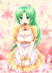  alternate_costume apron blush breasts chocolate chocolate_heart cleavage detached_collar enmaided flower green_eyes green_hair heart higurashi_no_naku_koro_ni maekawa_suu maid maid_headdress medium_breasts mouth_hold ponytail sonozaki_mion valentine wrist_cuffs 