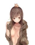  ahoge animal animal_on_head bags_under_eyes bangs breasts brown_eyes brown_hair coat collarbone commentary hair_between_eyes hamster_on_head hand_up highres iijima_masashi long_hair looking_at_viewer medium_breasts naked_coat on_head open_clothes open_coat original parted_lips simple_background solo swept_bangs upper_body white_background 