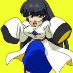  :p bangs black_hair blue_pants blunt_bangs breasts brown_footwear chinese_clothes cowboy_shot flats genderswap genderswap_(mtf) green_eyes large_breasts leg_up long_hair long_sleeves looking_at_viewer mousse oversized_clothes pants ranma_1/2 shirt shoes simple_background sleeves_past_fingers sleeves_past_wrists smile solo standing standing_on_one_leg tongue tongue_out wanta_(futoshi) white_shirt wide_sleeves yellow_background 
