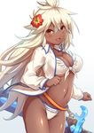  bikini breasts cleavage commentary_request dark_skin flower front-tie_top granblue_fantasy hair_flower hair_ornament large_breasts long_hair looking_at_viewer navel open_clothes open_mouth orange_eyes shiny shiny_skin smile solo swimsuit tan tgh326 very_long_hair white_bikini white_hair zooey_(granblue_fantasy) 