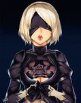  artist_name banned_artist black_background black_dress blindfold breasts cleavage dress large_breasts mole mole_under_mouth nier_(series) nier_automata open_mouth short_hair simple_background solo tongue upper_body viola_(seed) white_hair yorha_no._2_type_b 