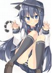  akatsuki_(kantai_collection) anchor_symbol animal_ears beritabo black_legwear blue_eyes blush cat_ears cat_tail claw_pose commentary flat_cap hair_between_eyes hat kantai_collection kemonomimi_mode long_hair long_sleeves looking_at_viewer messy_hair neckerchief panties pantyshot paw_pose pleated_skirt purple_hair school_uniform serafuku skirt smile solo striped striped_panties tail underwear 