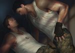 2boys bara blush brown_hair camouflage chris_redfield facial_hair gloves lying male_focus multiple_boys muscle penguin_frontier piers_nivans resident_evil sweat undressing yaoi 