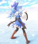  &gt;:) alternate_costume alternate_hair_length alternate_hairstyle antenna_hair back black_choker black_legwear blue_eyes blue_hair boots bow brown_footwear choker cirno detached_sleeves from_behind hair_bow hair_ornament hair_ribbon hairclip highres ice ice_wings knee_boots long_hair looking_at_viewer looking_back older ribbon smile solo teenage thighhighs touhou twitter_username v-shaped_eyebrows wings yurume_atsushi zettai_ryouiki 