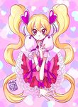  2015 blonde_hair bow choker closed_mouth cure_peach dated earrings finger_to_mouth fresh_precure! frilled_skirt frills hair_ornament heart heart_background heart_earrings heart_hair_ornament jewelry long_hair looking_at_viewer maboroshineko magical_girl momozono_love pink_background pink_bow pink_choker pink_eyes pink_skirt precure puffy_sleeves signature skirt smile solo twintails upper_body 