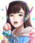  adapted_costume bangs brown_eyes brown_hair casual d.va_(overwatch) double_scoop facial_mark food headphones holding hood hoodie ice_cream ice_cream_cone kirei_kotoba long_hair looking_at_viewer open_mouth overwatch portrait simple_background solo swept_bangs tongue tongue_out triangle whisker_markings white_background 