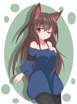  animal_ears ao_(aoblueao) brown_hair hand_on_own_chest imaizumi_kagerou long_hair looking_at_viewer off-shoulder_shirt off_shoulder one_eye_closed pantyhose red_eyes shirt solo touhou wolf_ears 