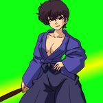  bangs black_eyes black_hair blue_hakama bokken breasts closed_mouth cowboy_shot genderswap genderswap_(mtf) green_background hakama hand_on_hip holding japanese_clothes kunou_tatewaki long_sleeves looking_at_viewer medium_breasts open_clothes open_shirt oversized_clothes ranma_1/2 shirt short_hair simple_background smile solo standing sword wanta_(futoshi) weapon wide_sleeves wooden_sword 