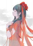  alternate_hair_color aqua_hair arm_ribbon closed_eyes closed_mouth commentary_request dress expressionless eyelashes hair_ribbon highres hinamatsuri jq kagiyama_hina long_hair profile rain red_dress red_ribbon ribbon short_sleeves sketch solo touhou transparent wet wet_clothes wet_hair 