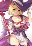  ass_visible_through_thighs blonde_hair boots bow breasts brown_eyes cleavage collarbone commentary_request cowboy_shot djeeta_(granblue_fantasy) eyebrows_visible_through_hair frilled_gloves frilled_sleeves frills gloves granblue_fantasy hairband hand_on_headwear hat large_breasts looking_at_viewer neckerchief pleated_skirt purple_bow purple_hairband purple_hat purple_ribbon red_ribbon ribbon sash short_hair short_sleeves skirt smile solo staff tgh326 thigh_boots thighhighs warlock_(granblue_fantasy) white_gloves white_skirt witch_hat yellow_eyes 