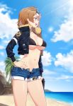  1girl :d bangs beach bikini bikini_under_clothes black_bikini black_jacket blue_sky blurry blurry_background blush breasts brown_hair cleavage cloud cloudy_sky collarbone commentary_request contrapposto cropped_jacket day denim denim_shorts depth_of_field eyewear_on_head fur_collar girls_frontline grizzly_mkv grizzly_mkv_(girls_frontline) groin gun hand_on_hip highres holding holding_gun holding_weapon horizon jacket lens_flare light_rays long_sleeves looking_away medium_breasts narynn navel ocean open_clothes open_fly open_jacket open_mouth outdoors palm_tree profile purple_eyes short_hair short_shorts shorts sidelocks sky sleeves_past_wrists smile solo standing stomach sunbeam sunglasses sunlight swimsuit tree twitter_username upper_teeth water weapon 