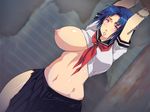  1girl areolae arms_up black_skirt blue_hair blush breasts chains dutch_angle embarrassed highres huge_breasts indoors legs looking_at_viewer mole mole_under_eye navel nipples no_bra one_breast_out original parted_lips pink_eyes restrained school_uniform short_hair skirt solo standing thighs torn_clothes yoko_juusuke 