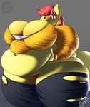  2017 anthro apple_bloom_(mlp) big_breasts blush breasts clothing equine female friendship_is_magic frimbobbar fur hair mammal my_little_pony obese overweight panties pants red_eyes red_hair smile torn_clothing underwear yellow_fur 