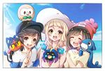  &gt;_&lt; 2girls :d ^_^ ^o^ baseball_cap beach beanie black_hat blush closed_eyes closed_mouth cloud commentary cosmog day gen_7_pokemon hand_on_another's_shoulder happy hat holding holding_pokemon lillie_(pokemon) litten looking_at_viewer mizuki_(pokemon) multiple_girls ocean on_head open_mouth outdoors pokemon pokemon_(creature) pokemon_(game) pokemon_on_head pokemon_on_shoulder pokemon_sm popplio red_hat rowlet sky smile sun sun_hat sunlight taking_picture totogami_toto v white_hat xd you_(pokemon) 