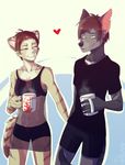  &lt;3 anthro canine clothed clothing cup dawnav duo feline female fur hair male male/female mammal smile standing 
