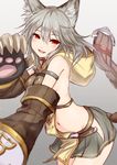  :d animal_ears armlet bare_shoulders belt blurry blush breasts cat_ears claws cleavage collar colored_eyelashes commentary_request cowboy_shot depth_of_field elbow_gloves erune fang foreshortening gloves granblue_fantasy grey_background grey_hair grey_skirt hair_between_eyes hip_vent hood hood_down looking_at_viewer medium_breasts navel open_mouth paw_gloves paw_pose paws red_eyes revealing_clothes sen_(granblue_fantasy) shiny shiny_skin sideboob simple_background skirt sleeveless smile solo standing stomach tabard tgh326 