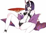  angelo_(gomahangetsu) anklet bare_shoulders breasts fate/grand_order fate_(series) horns jewelry looking_at_viewer navel oni pillow purple_eyes purple_hair short_hair shuten_douji_(fate/grand_order) simple_background small_breasts smile solo thighs white_background 