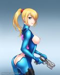  1girl adapted_costume areolae artist_name ass bangs blonde_hair bodysuit breasts burbur butt_crack erect_nipples green_eyes gun hair_over_one_eye huge_ass impossible_clothes latex looking_at_viewer looking_back metroid mole mole_under_mouth nintendo nipples patreon ponytail samus_aran shiny shiny_clothes sideboob simple_background skin_tight smile solo spandex weapon web_address zero_suit 