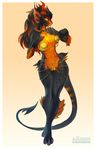  2017 anthro big_breasts black_hair black_scales bra breasts clothed clothing dragon english_text female hair horn julia_(boralis) kardie long_hair looking_at_viewer navel orange_hair orange_scales red_horn scales scalie skimpy smile solo text underwear wide_hips 