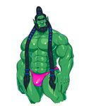  2017 5_fingers abs beard big_biceps big_nose black_eyebrows black_hair blue_eyes braided_hair cheshirebacon clothed clothing colored digital_drawing_(artwork) digital_media_(artwork) facial_hair front_view frown green_nipples green_skin hair hi_res huge_muscles humanoid light long_hair male manly muscular muscular_male navel nipples obliques orc pink_bottomwear pink_clothing portrait quads serratus shaded simple_background skimpy solo speedo swimsuit teeth thrall three-quarter_portrait topless triceps white_background 