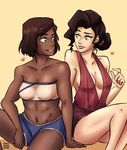  2girls arm arm_support asami_sato bare_arms bare_legs bare_shoulders bikini black_hair blue_eyes blue_shorts breasts brown_hair collarbone couple dark_skin eye_contact female green_eyes grin heart interracial knee_up knees_up korra legs lips lipstick looking_at_another makeup medium_breasts multiple_girls mutual_yuri neck nickelodeon pointing red_lipstick red_swimsuit short_hair short_shorts shorts side-by-side simple_background sitting smile strapless strapless_bikini strapless_swimsuit swimsuit tan_background teeth the_legend_of_korra tubetop yuri 