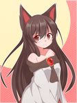  animal_ears ao_(aoblueao) blush brooch brown_hair dress imaizumi_kagerou jewelry long_hair long_sleeves looking_at_viewer off_shoulder red_eyes solo touhou wide_sleeves wolf_ears 