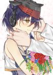  absurdres asymmetrical_hair black_hair bouquet brown_eyes flower hair_between_eyes hand_on_another's_face hands hat headphones highres i-13_(kantai_collection) kantai_collection nanakagura out_of_frame sailor_collar school_swimsuit short_hair simple_background smile solo_focus swimsuit upper_body white_background 