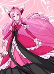  2015 adapted_costume arm_warmers black_bow bow choker closed_mouth cure_passion dated dress fresh_precure! frills hair_ornament heart heart_hair_ornament higashi_setsuna layered_dress long_hair looking_at_viewer maboroshineko magical_girl pink_background pink_eyes pink_hair precure red_dress signature smile solo tiara white_choker 