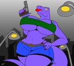  angry anthro big_breasts big_lips breasts city claws clothing dinosaur erect_nipples female glare gun hi_res holding_object holding_weapon huge_breasts lips night nipple_bulge nipples ranged_weapon reptile robinebra scalie shorts solo theropod thick_thighs tyrannosaurus_rex weapon wide_hips zp92 