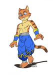  anthro barefoot cat clothed clothing feline flat_colors front_view fur harem_pants kay_(legend_of_kay) legend_of_kay looking_down male mammal nipples pecs slim solo sweat tenting thedirtyshark walking wet_spot whiskers wide_eyed 