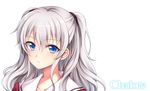  blue_eyes charlotte_(anime) collarbone commentary_request copyright_name highres koyoka long_hair looking_at_viewer school_uniform serafuku silver_hair simple_background solo tomori_nao two_side_up white_background 