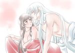  1girl brown_eyes brown_hair closed_eyes couple hetero imminent_kiss inuyasha long_hair looking_up nipples nude older pointy_ears pout profile rin_(inuyasha) sesshoumaru signature simple_background tokiko_(psychopomp) very_long_hair white_hair 
