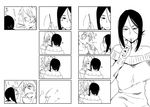  bare_shoulders blush collarbone comic commentary_request earrings food greyscale jewelry licking_lips monochrome multiple_girls original orita_(knightfever) pocky pocky_kiss shared_food short_hair sweat sweater tongue tongue_out translation_request yuri 