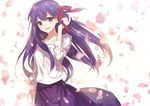  arm_at_side bangs chocoan collarbone dress_shirt eyebrows eyebrows_visible_through_hair fate/stay_night fate_(series) floating_hair hair_between_eyes hair_ribbon hair_tousle hand_up long_hair long_sleeves matou_sakura open_mouth petals purple_eyes purple_hair purple_skirt red_ribbon ribbon shirt simple_background skirt sleeves_past_elbows smile solo upper_body white_background white_shirt wind 