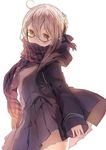 ahoge arched_back artoria_pendragon_(all) bangs black-framed_eyewear black_skirt blonde_hair blush braid coat duffel_coat eyebrows_visible_through_hair fate/grand_order fate_(series) french_braid fringe_trim from_side glasses iijima_masashi looking_at_viewer mysterious_heroine_x_(alter) open_clothes open_coat parted_lips plaid plaid_scarf pleated_skirt scarf school_uniform semi-rimless_eyewear serafuku simple_background skirt solo under-rim_eyewear white_background yellow_eyes 