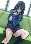  angelo_(gomahangetsu) black_hair black_legwear breasts brown_eyes cleavage finger_to_chin highres jk_bitch_sannin_musume! large_breasts long_hair looking_at_viewer nishizawa_shizuku sketch skirt smile socks solo thighs 