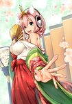  animal_ears blush breasts cat_ears fan ganari_ryuu green_eyes headphones headset highres japanese_clothes kimono large_breasts long_hair looking_at_viewer looking_back off_shoulder open_mouth original pink_hair smile solo super_tama_musume tamatoys 