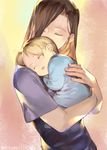  1girl baby back bad_id bad_pixiv_id bangs bare_arms blonde_hair brown_hair carrying child_carry closed_eyes covered_mouth edward_elric eyelashes fingernails from_side fullmetal_alchemist hand_on_another's_back head_on_shoulder holy_pumpkin long_hair mother_and_son number parted_bangs short_sleeves sleeping trisha_elric twitter_username upper_body younger 