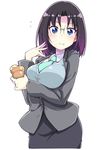  :t bangs black_hair blazer blue_sweater blush breasts collared_shirt commentary elma_(maidragon) eyebrows_visible_through_hair food food_on_face formal framed_breasts glasses gradient_hair green_neckwear highres holding holding_food jacket kobayashi-san_chi_no_maidragon large_breasts looking_at_viewer multicolored_hair necktie office_lady parted_bangs pencil_skirt rimless_eyewear shirt short_hair simple_background skirt skirt_suit slit_pupils solo suit sweater sweater_vest white_background wing_collar yamabuki_zarame 