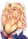  bare_shoulders blazer blonde_hair blush bra breasts cleavage collarbone copyright_request dark_skin dress_shirt eyebrows_visible_through_hair gradient_hair gyaru highres huge_breasts jacket jpeg_artifacts kogal long_hair looking_at_viewer multicolored_hair mushi024 off_shoulder one_eye_closed pink_hair polka_dot polka_dot_bra red_eyes shiny shiny_skin shirt sidelocks simple_background solo strap_slip tongue tongue_out twintails underwear undressing upper_body white_background 