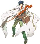  ahoge bag black_hair black_shirt cape glasses green_pants hara_kazuhiro holding log_horizon male_focus official_art pants shiroe shirt simple_background solo spiked_hair staff white_background 