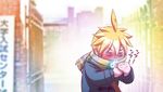  @_@ ahoge blonde_hair blush breath cellphone jacket kagamine_len male_focus nose_blush phone scarf sexually_suggestive smartphone solo upright_ahoge veins vocaloid wokada 