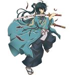  black_feathers black_hair brown_eyes dual_wielding full_body geta grey_legwear hair_ornament hara_kazuhiro holding holding_sword holding_weapon log_horizon long_hair looking_at_viewer male_focus official_art ponytail sheath sheathed shinsengumi simple_background solo soujirou_seta standing sword weapon white_background 