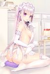  :p apron ass bare_shoulders blush bowl breasts cake elbow_gloves emilia_(re:zero) feet finger_to_mouth flower food frilled_gloves frilled_legwear frills fruit gloves hair_flower hair_ornament highres indoors kitchen long_hair looking_at_viewer looking_back medium_breasts mixing_bowl mvv naked_apron no_shoes pastry_bag pillow pointy_ears purple_eyes re:zero_kara_hajimeru_isekai_seikatsu ribbon-trimmed_elbow_gloves ribbon-trimmed_thighhighs sideboob silver_hair sitting smile solo strawberry thighhighs tongue tongue_out wariza whisk white_gloves white_legwear 