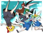  :d ahoge black_footwear black_pants black_skirt black_vest blonde_hair blue_bow blue_dress blue_hair blue_skirt blue_vest bow brown_dress brown_hat cirno daiyousei dress eichi_yuu fairy_wings full_body green_hair hair_bow hair_ribbon hat ice ice_wings long_sleeves looking_at_viewer mary_janes multiple_girls mystia_lorelei open_mouth outstretched_arms pants puffy_pants red_hair red_ribbon ribbon rumia shirt shoes short_hair short_sleeves side_ponytail skirt smile spread_arms team_9 touhou upside-down vest white_legwear white_shirt wide_sleeves wings wriggle_nightbug yellow_bow 